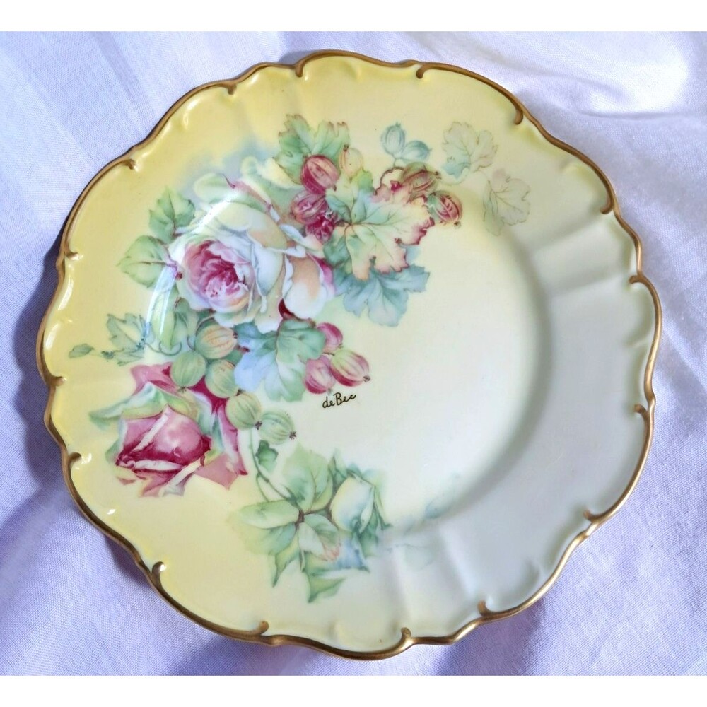 Vintage Imperial German China Plate Green & Pink Rose 10" Signed de Bec Gold Rim